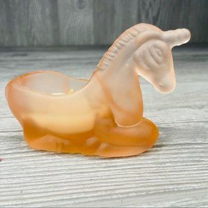 Pink Vaseline frosted glass unicorn trinket box candle dish